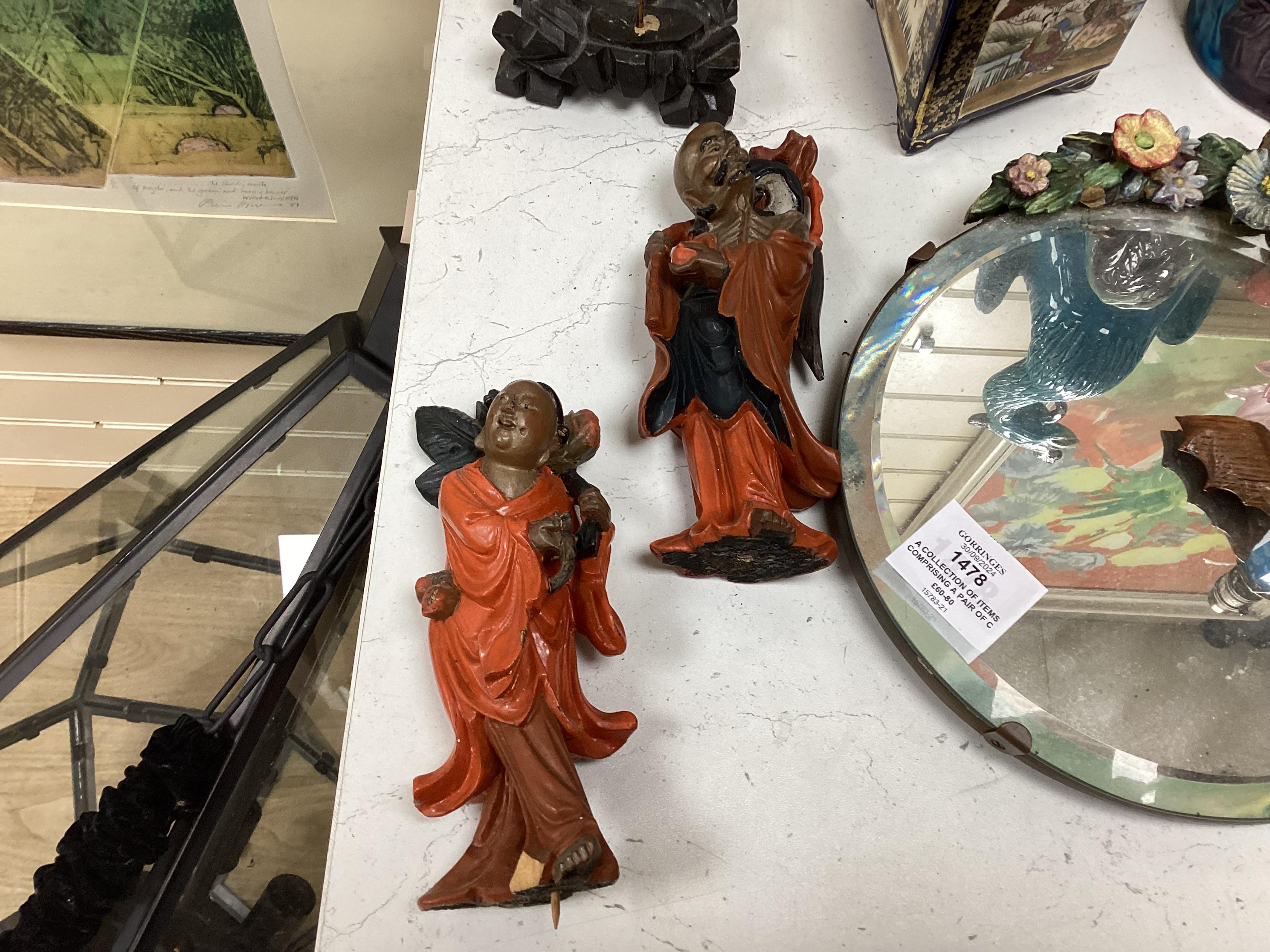 A collection of items comprising a pair of Chinese figures on stands, a turquoise figure of a phoenix, a Japanese Satsuma pot and a Barbola mirror, largest 40cm high. Condition - poor to fair